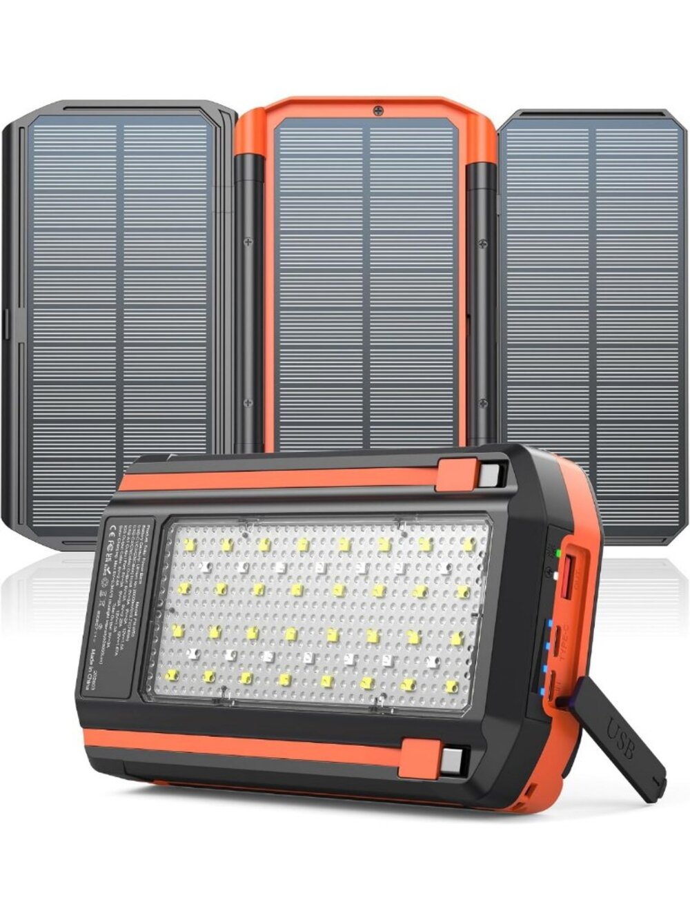 Portable Solar Power Bank Charger with 3 Panels & Built-in Cables - Eco-Friendly